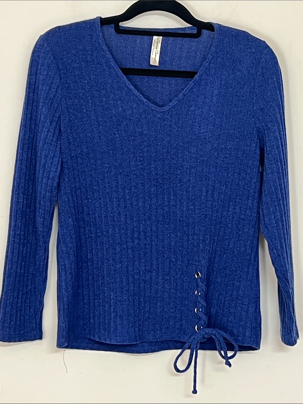 🌞 PerSeption Concept Blue Ribbed Knit Sweater Top tace-up tie waist women S